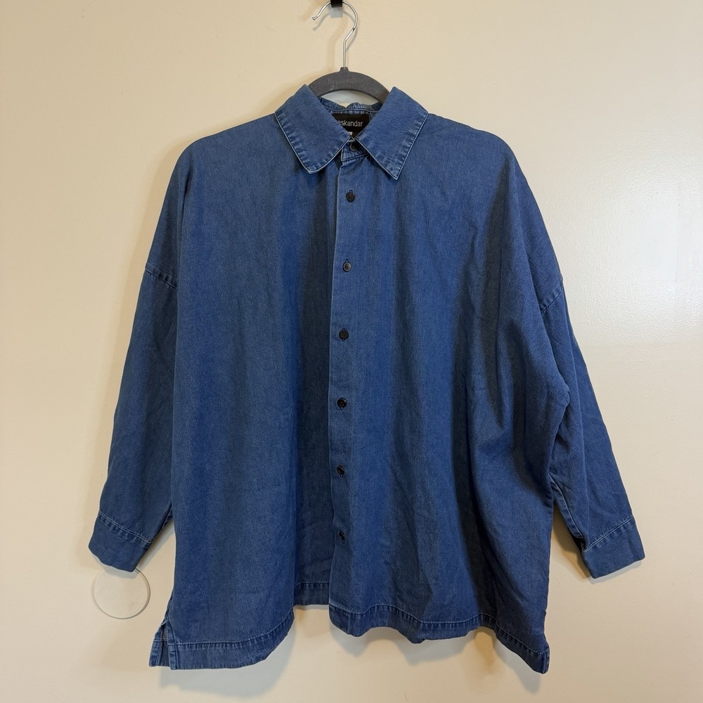 ESKANDAR Top Womens 0 Blue Denim Button Up Lagenlook Designer Oversized Staple